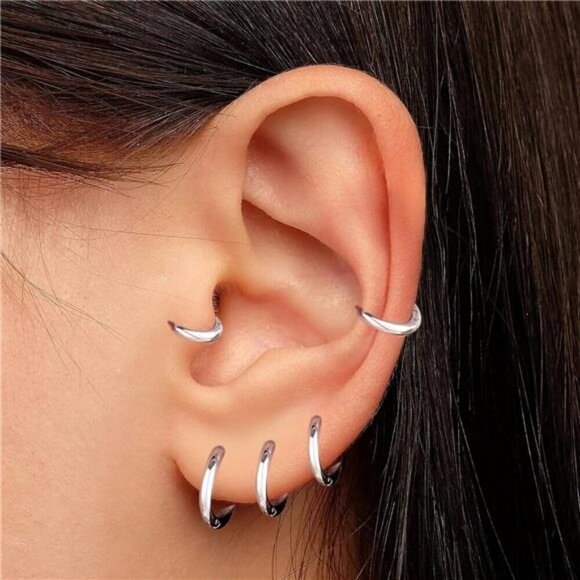 5 Pairs Small Silver Hoop Earrings Set for Women Men, Cute Silver Huggie - Picture 2 of 4